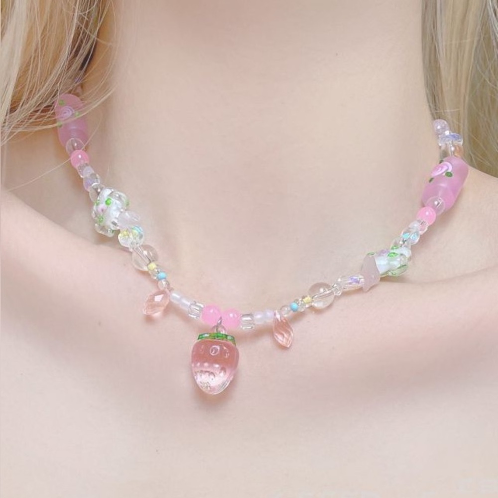 Kawaii Strawberry Candy Necklace Colorful Beaded Choker Necklace